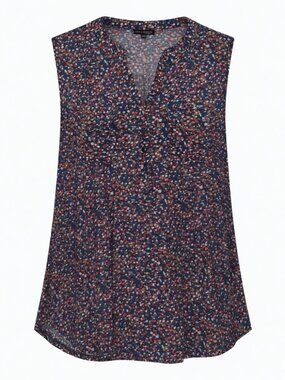 Ava & Grace Plus Size 1X Navy Blue Multi Color Geo Print Pintuck 3/4 Sleeve Top